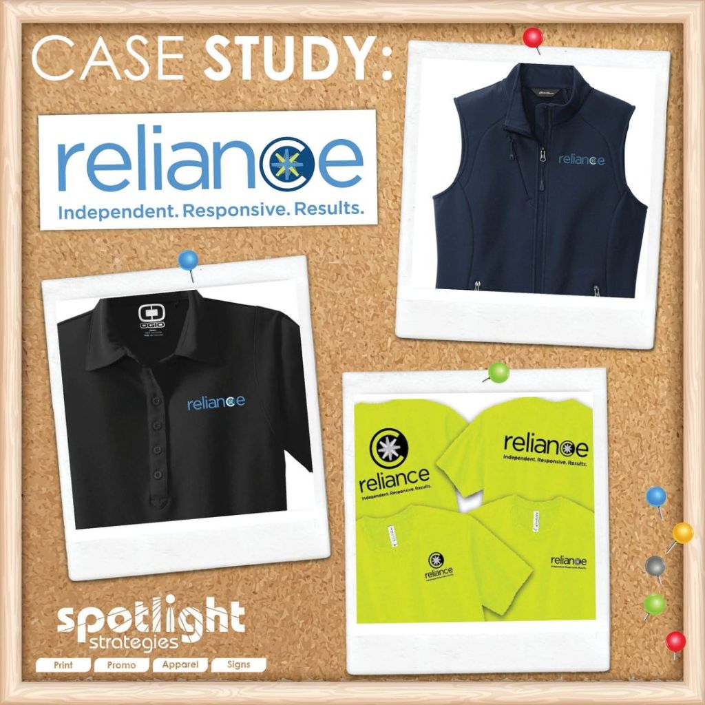 Reliance Branded Apparel: Embroidered Polos and vests, and screen-printed t-shirts from Spotlight Strategies