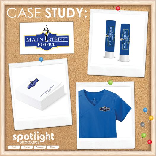 Main Street Hospice custom apparel and promotional products, post-it-notes, chapstick, and embroidered scrubs