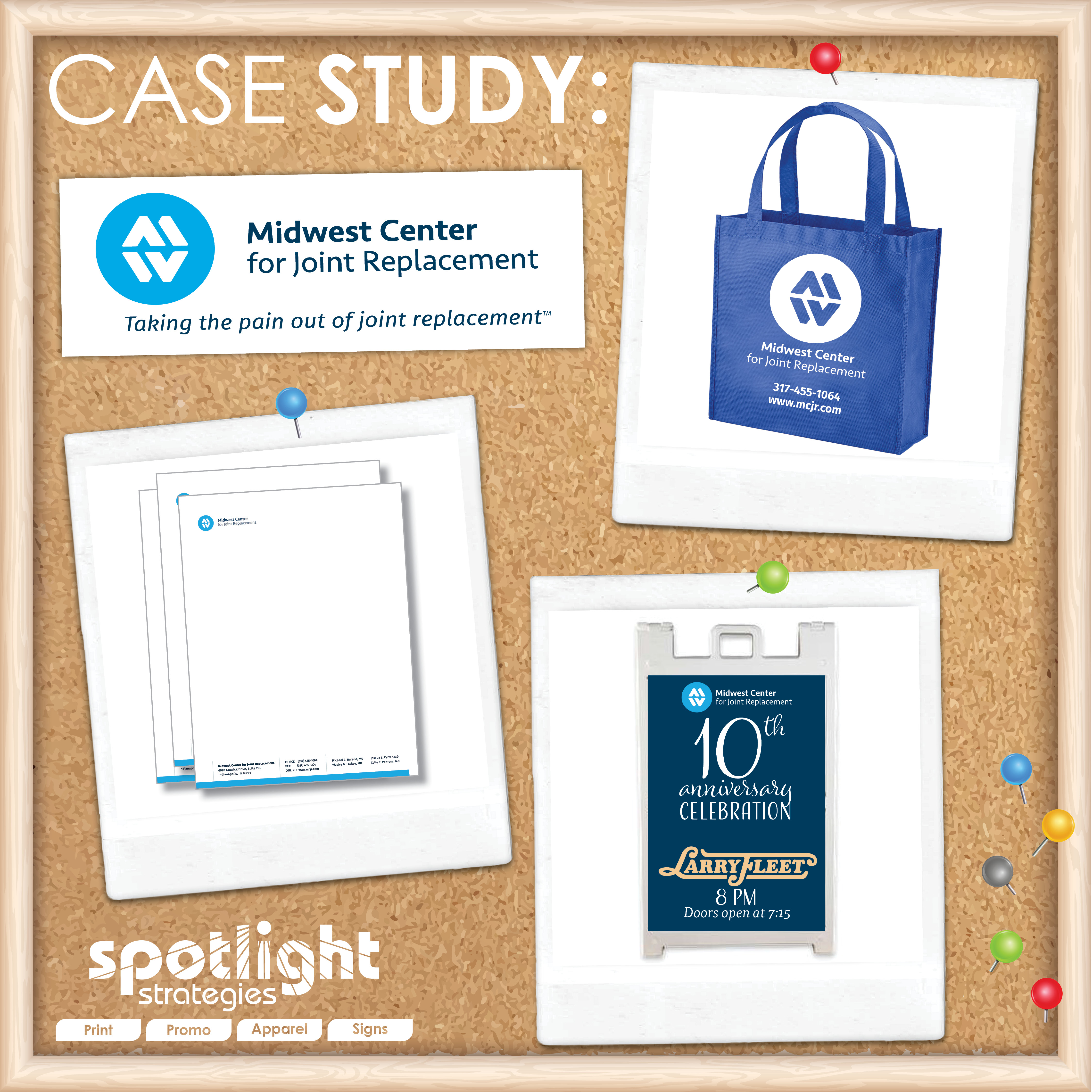 Midwest Center for Joint Replacement branded merchandise, Letterhead, printed brochures and A-Frame signs