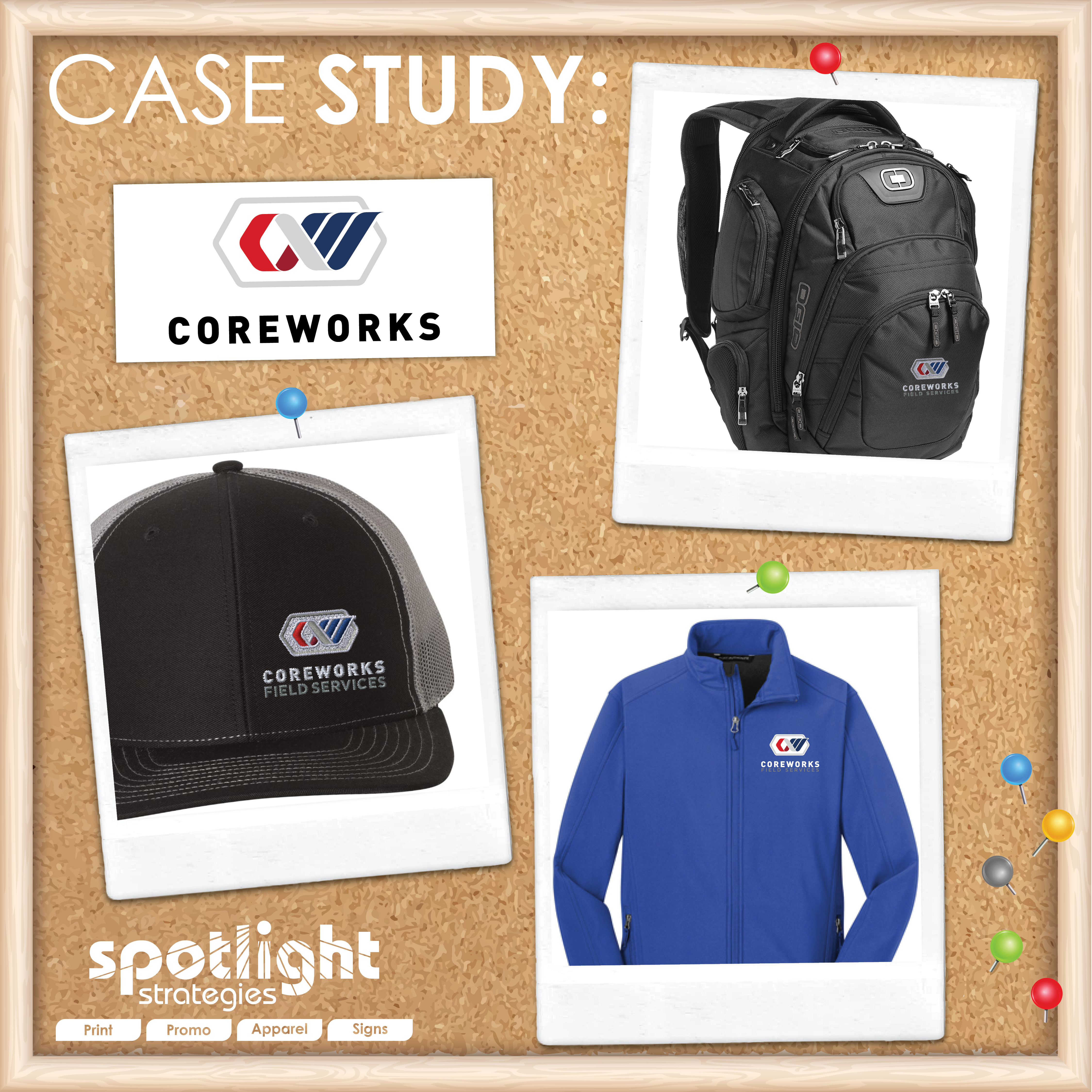 Coreworks custom Apparel Items: Embroidered Caps, Jackets, and OGIO backpack - ready for Your Logo by Spotlight Strategies